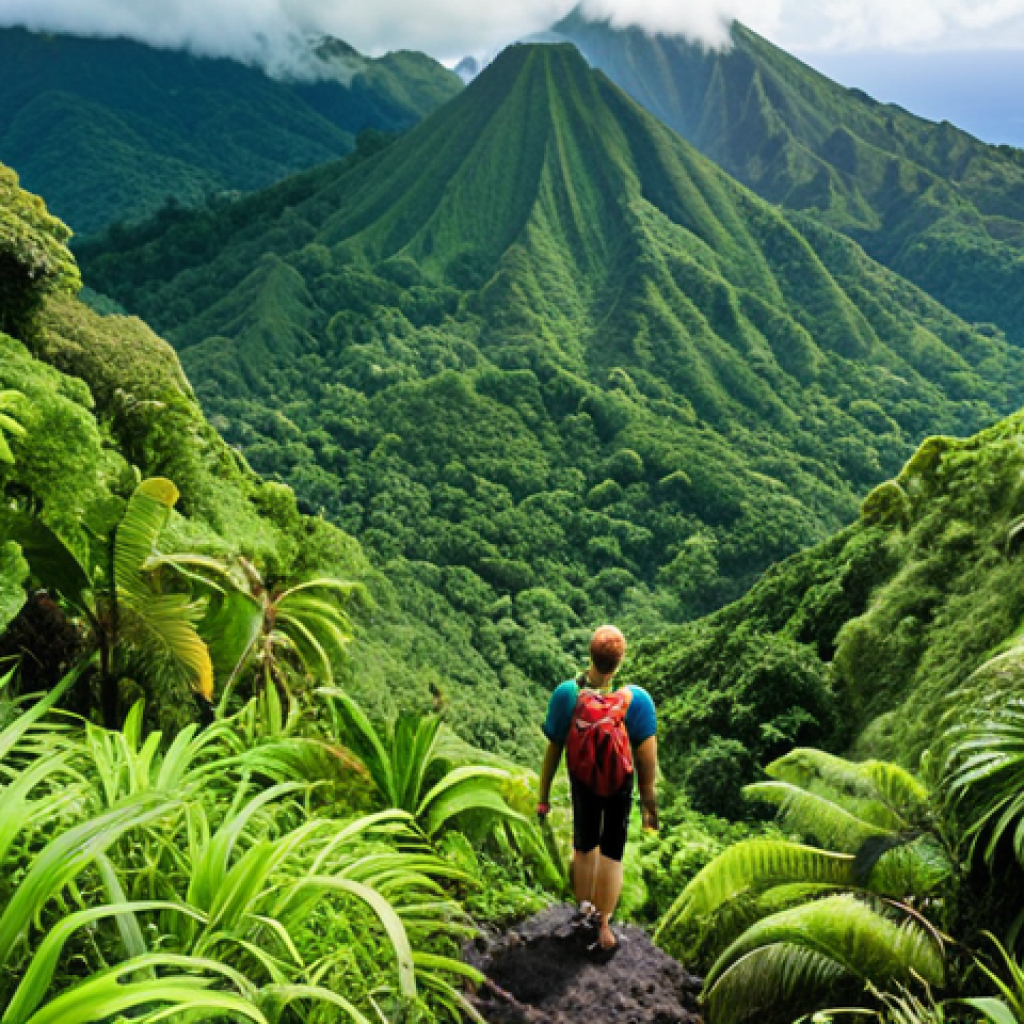 **

Lush rainforest scene in St. Vincent with a challenging La Soufrière volcano hike. Focus on the vibrant green vegetation, steep volcanic terrain, and a distant view from the summit.

**