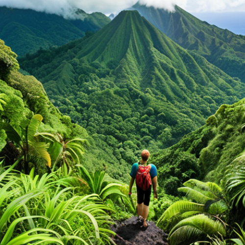 Home 4 **
Lush rainforest scene in St. Vincent with a challenging La Soufrière volcano hike. Focus on the vibrant green vegetation, steep volcanic terrain, and a distant view from the summit.
**