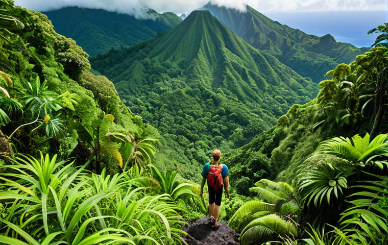 **
Lush rainforest scene in St. Vincent with a challenging La Soufrière volcano hike. Focus on the vibrant green vegetation, steep volcanic terrain, and a distant view from the summit.
**